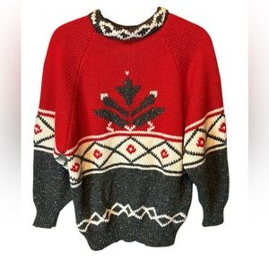 Vintage Festive Red and Grey Knit Sweater Size Medium